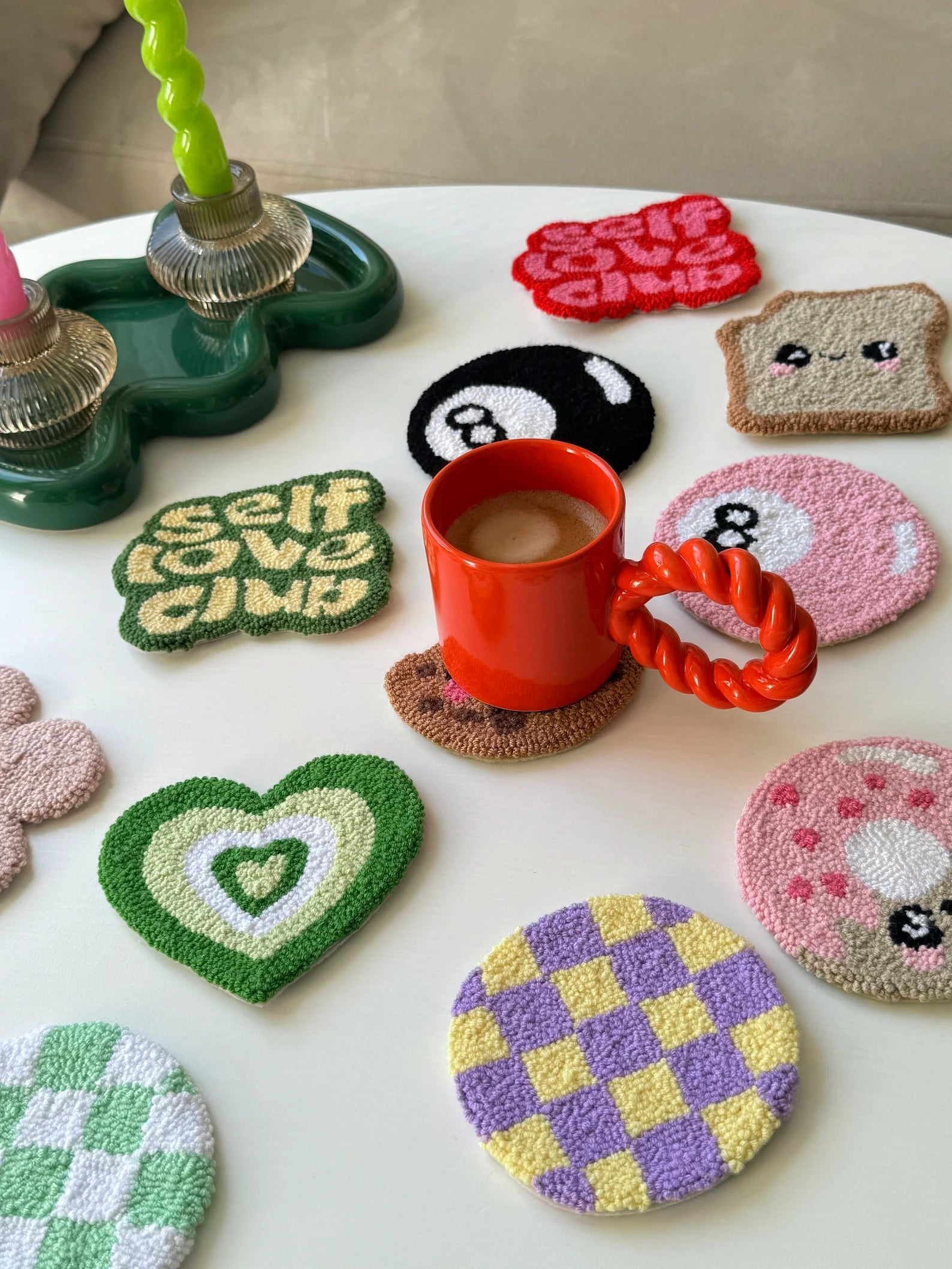 Y2K Punch Needle Mug Rug Coaster Handmade Floral Decor