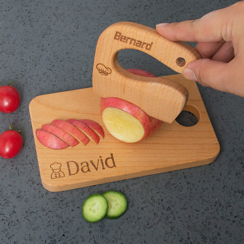 Engraved Wooden Kids Knife & Cutting Board Set