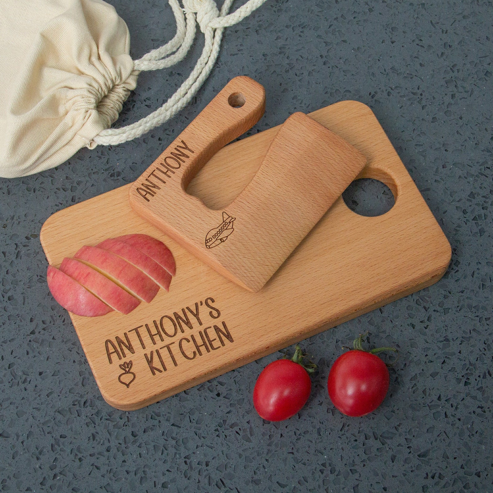 Engraved Wooden Kids Knife & Cutting Board Set