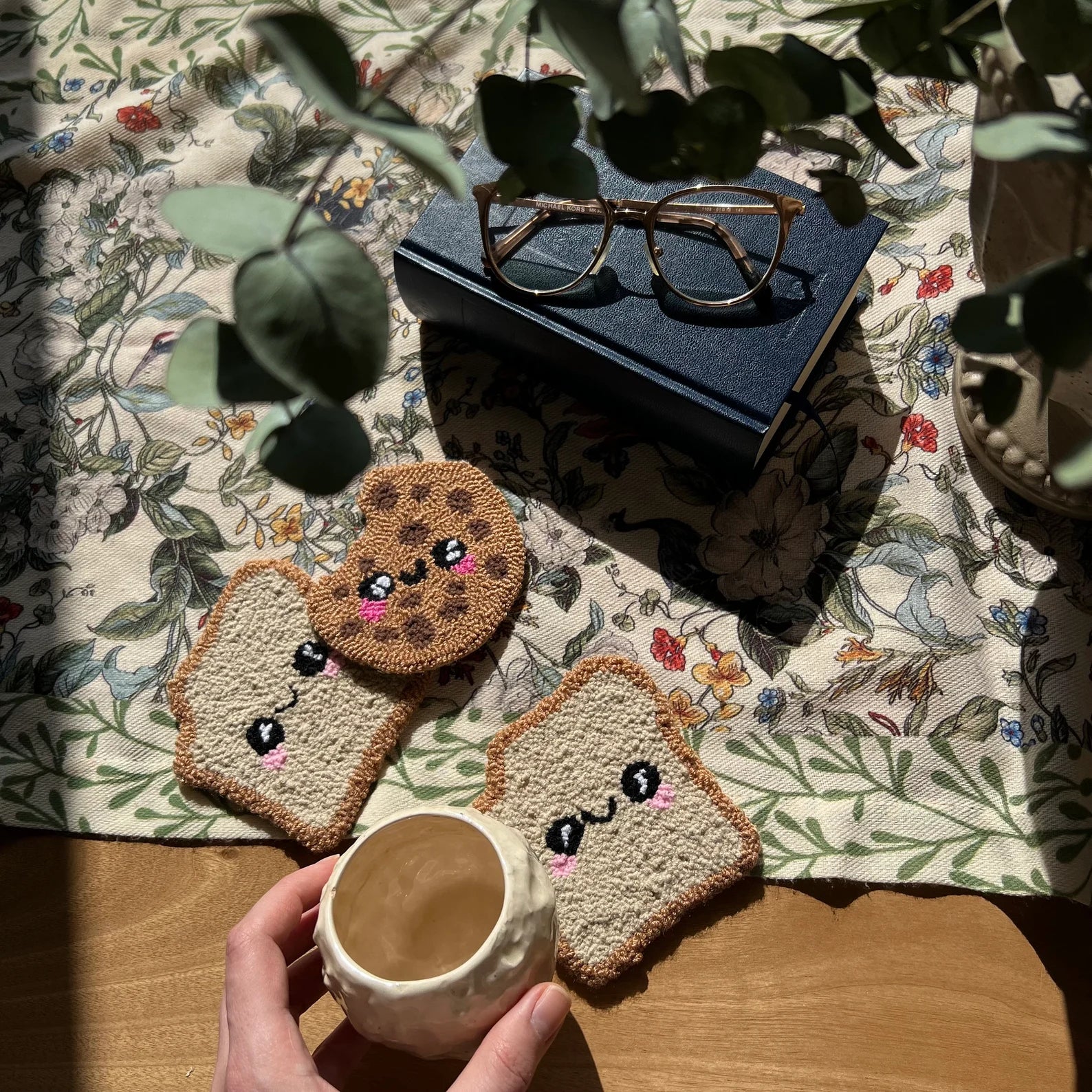 Y2K Punch Needle Mug Rug Coaster Handmade Floral Decor