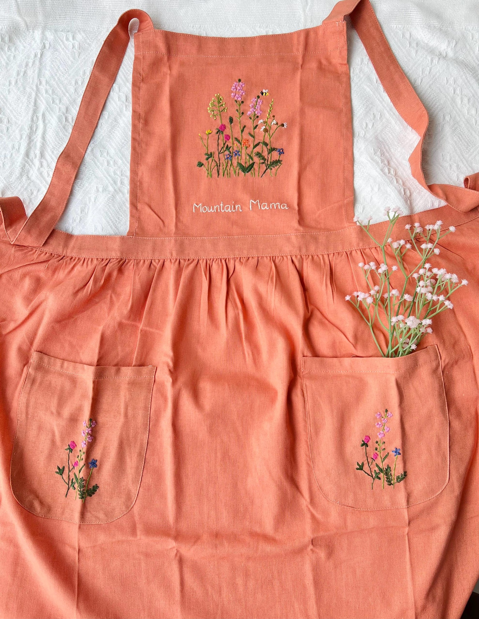 Personalized Floral Hand Embroidered Linen Apron for Women