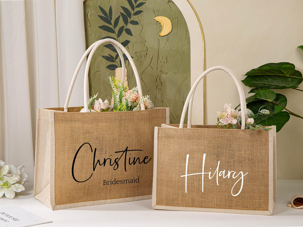 Personalized Bridesmaid Burlap Tote Bag with Name
