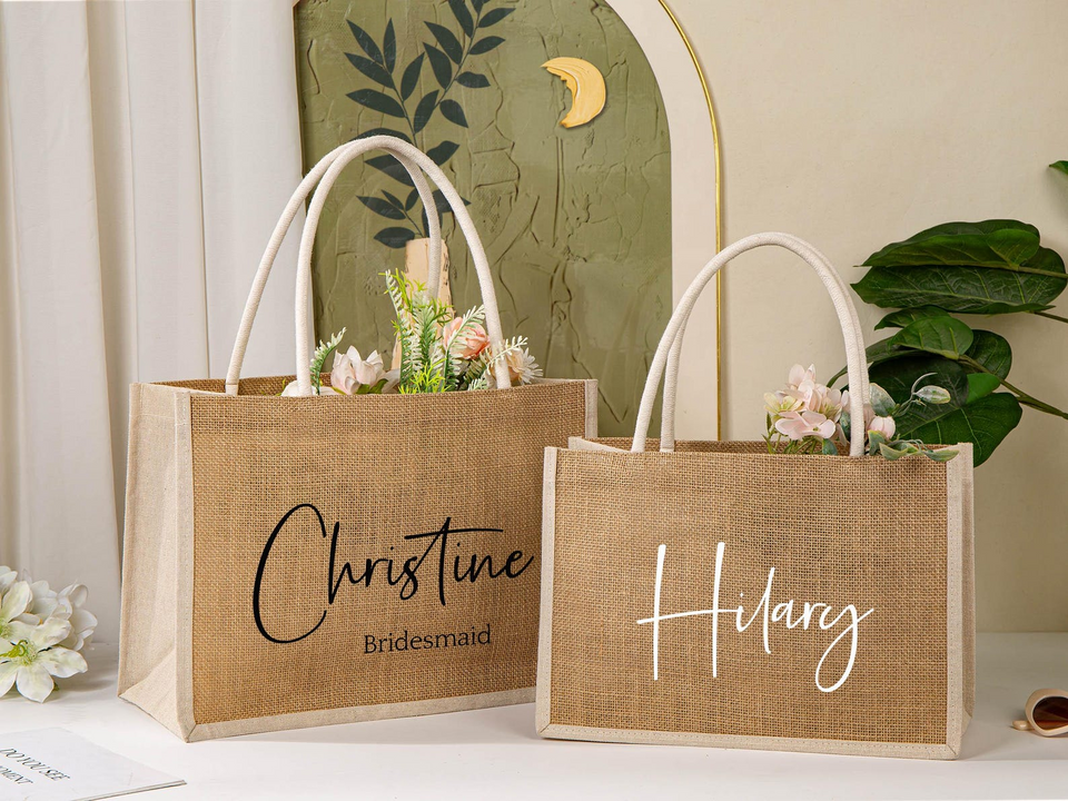 Personalized Bridesmaid Burlap Tote Bag with Name