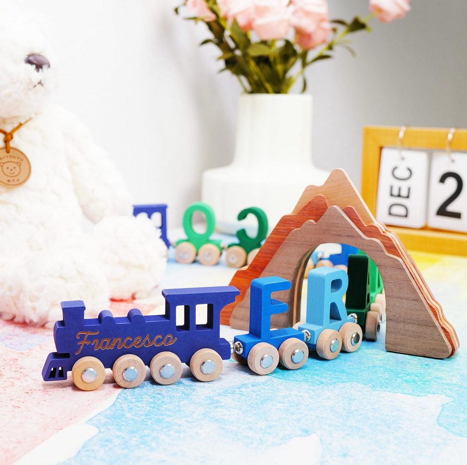 Custom Name Wooden Magnetic Train Set with Mountain Tunnel