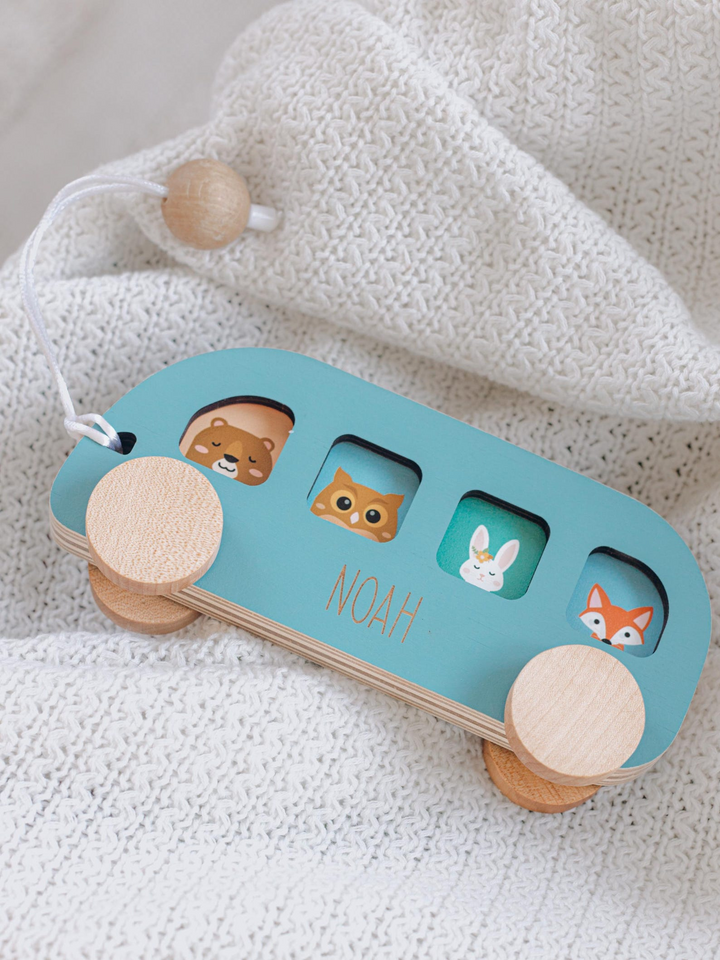 Personalized Wooden Bus First Birthday Gift for Baby or Toddler