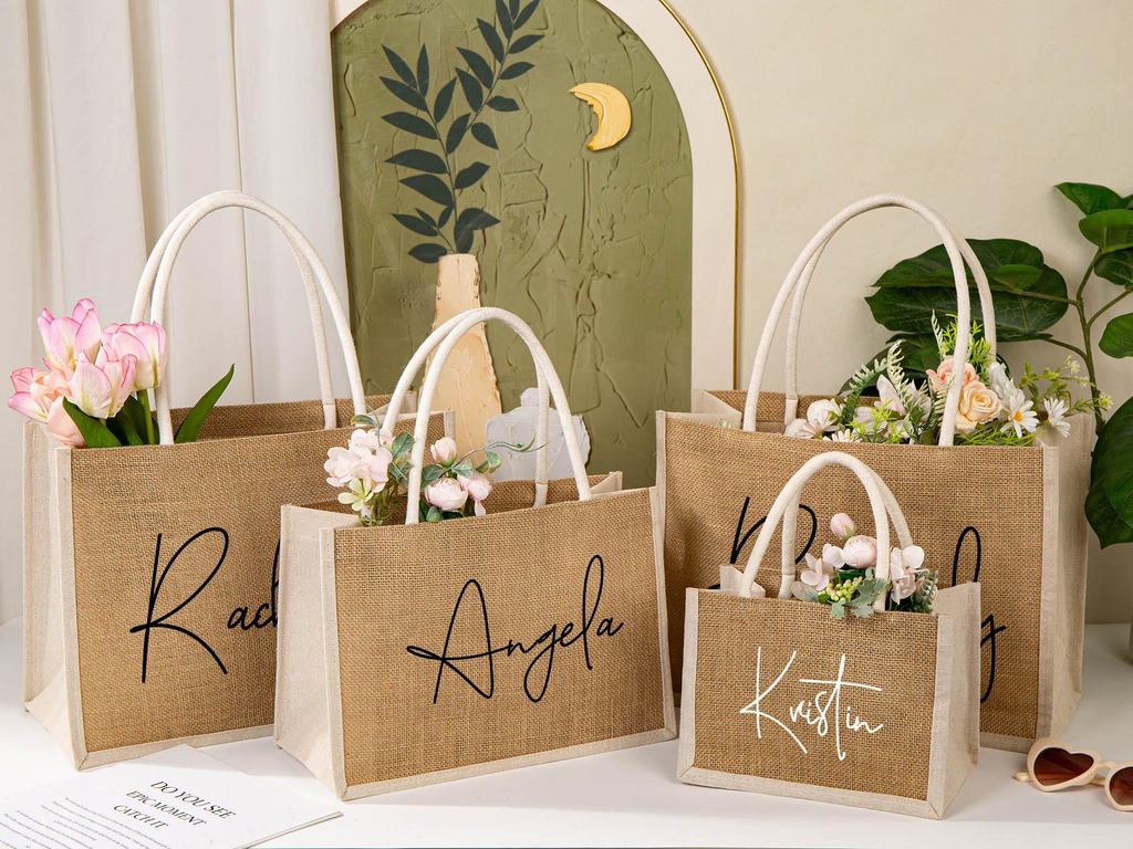 Personalized Bridesmaid Burlap Tote Bag with Name