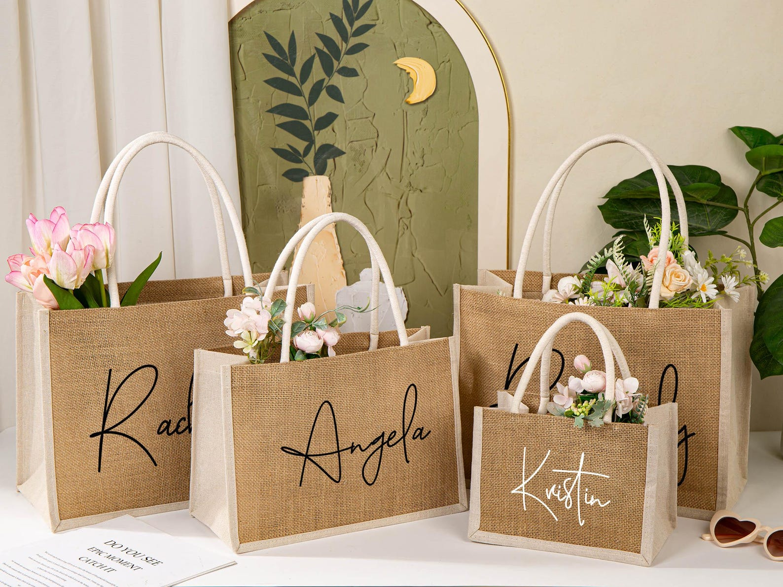 Personalized Bridesmaid Burlap Tote Bag with Name