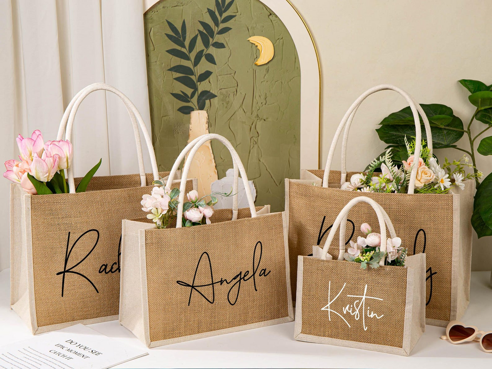 Personalized Bridesmaid Burlap Tote Bag with Name