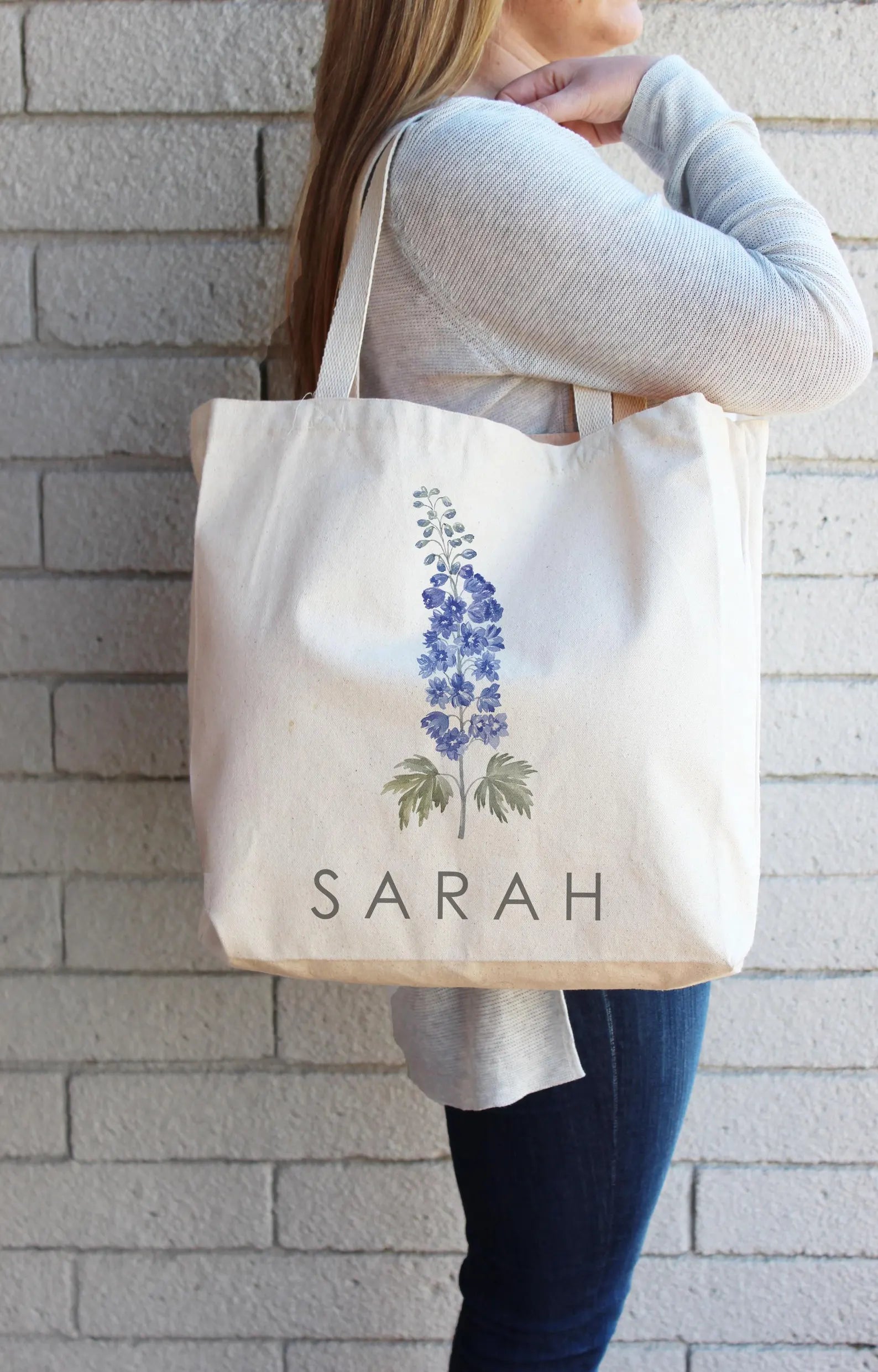 Birth Month Flower Canvas Tote Bag with Custom Name
