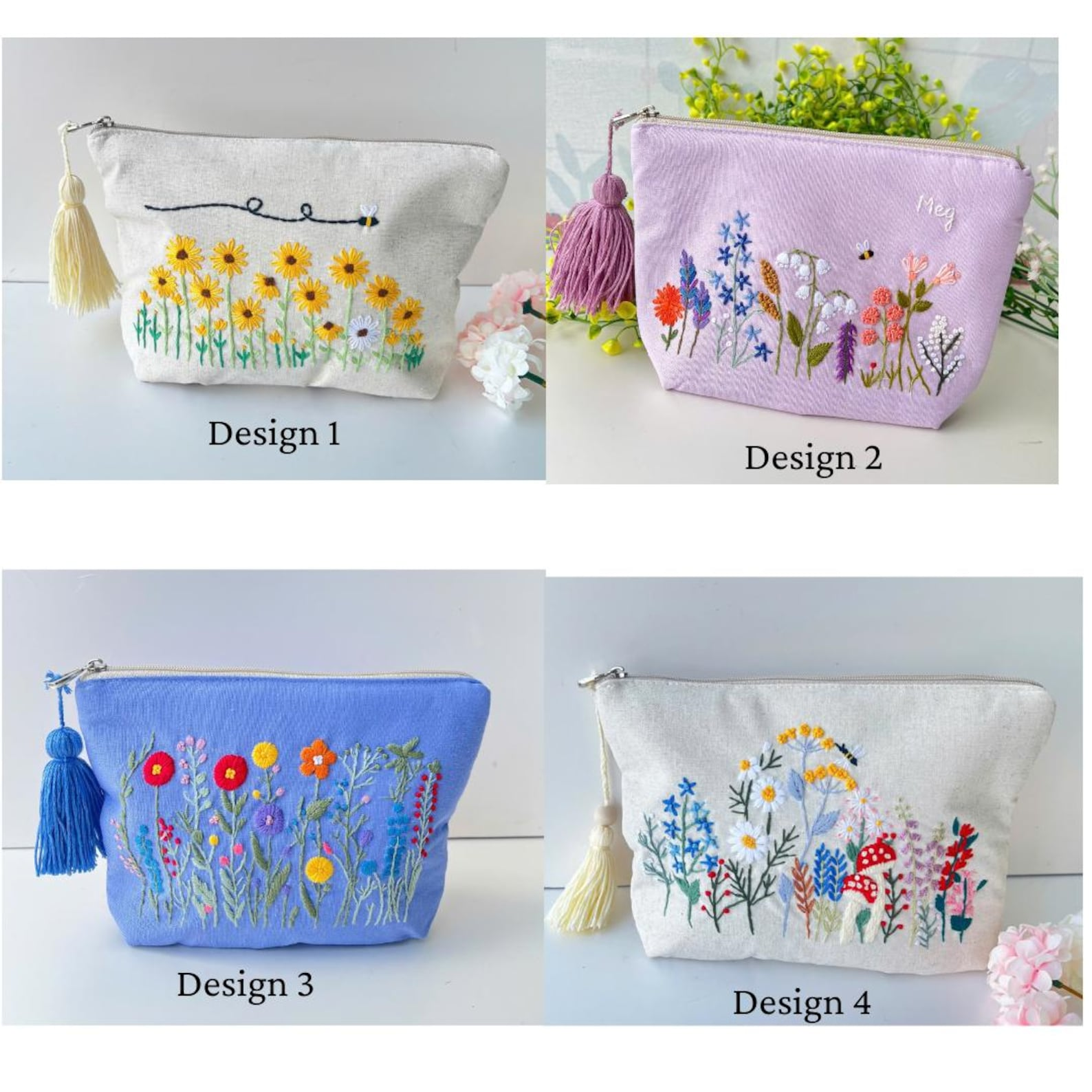 Personalized Hand Embroidered Linen Cosmetic Bag