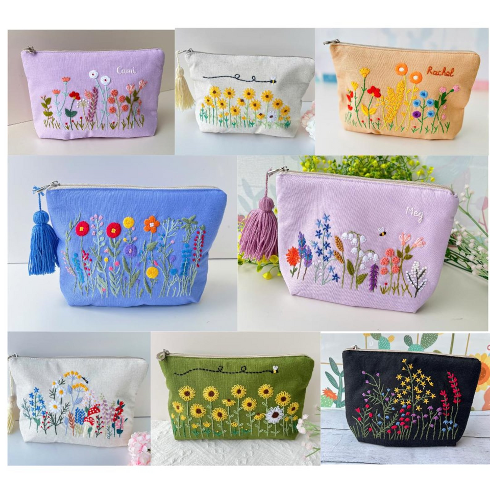 Personalized Hand Embroidered Linen Cosmetic Bag