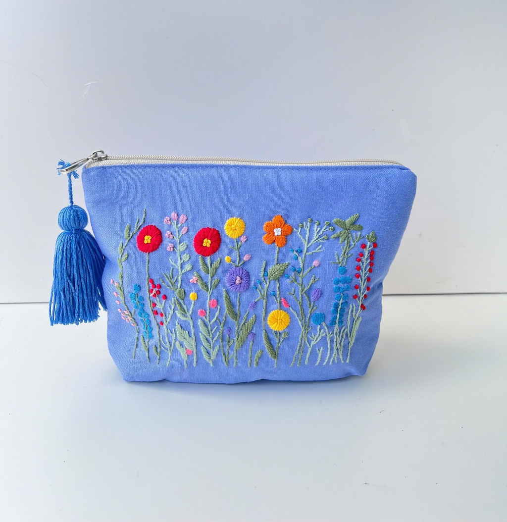Personalized Hand Embroidered Linen Cosmetic Bag