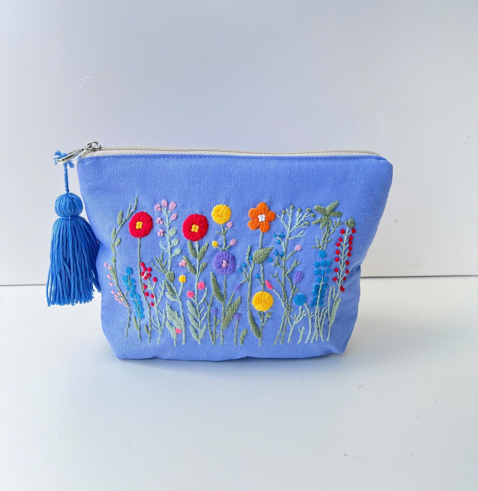 Personalized Hand Embroidered Linen Cosmetic Bag