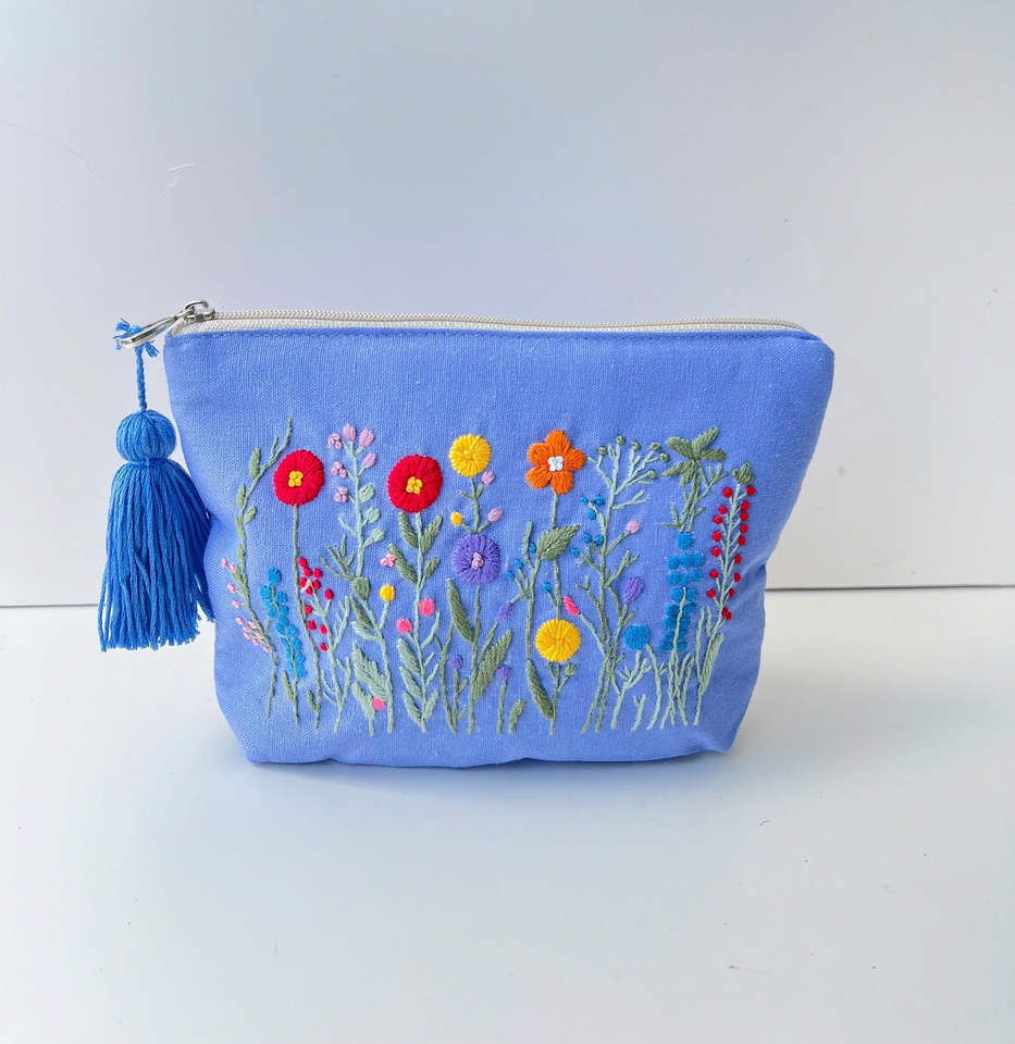 Personalized Hand Embroidered Linen Cosmetic Bag