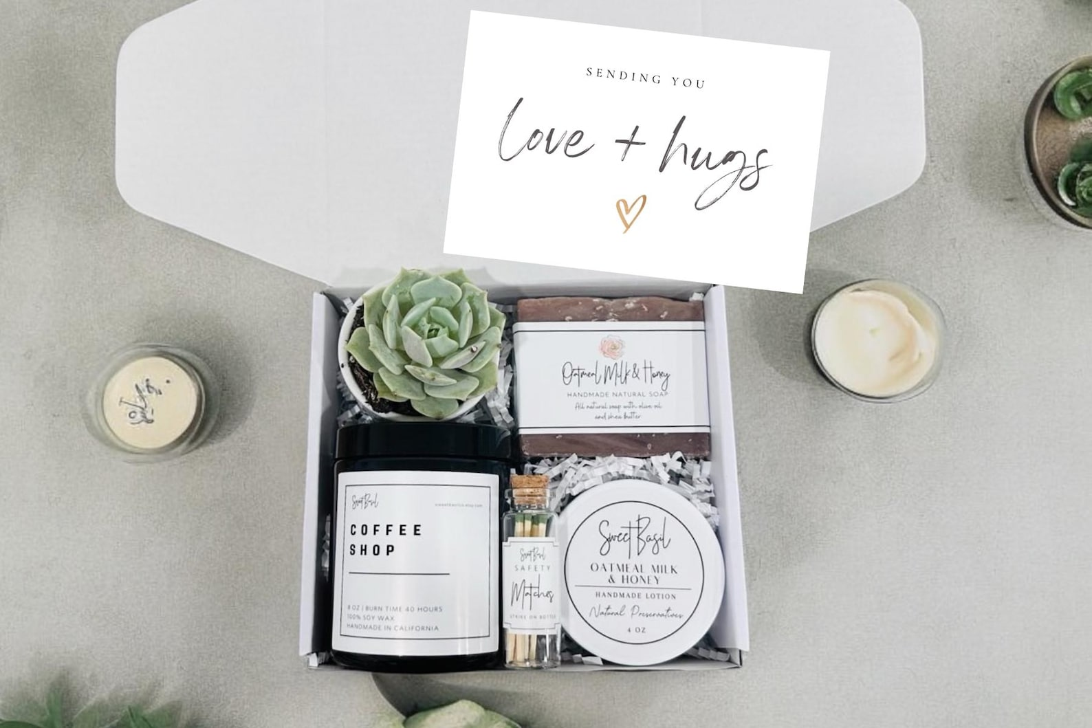 Succulent Gift Box with Soy Candle Natural Lotion and Soap