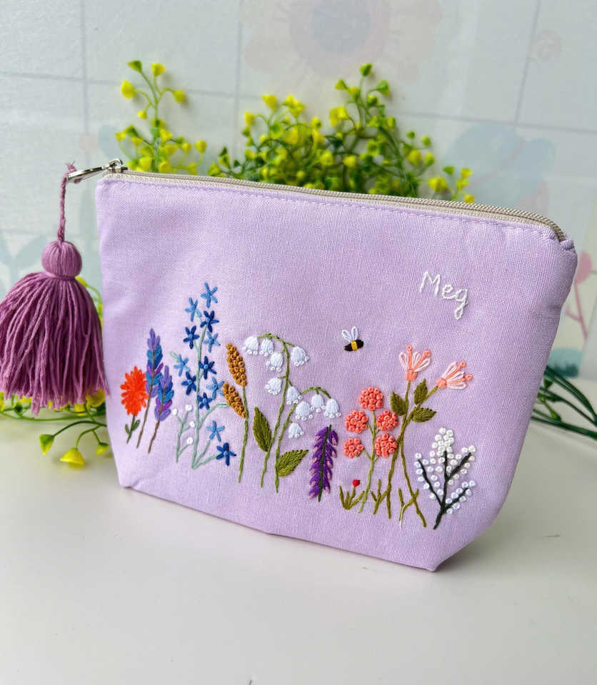 Personalized Hand Embroidered Linen Cosmetic Bag