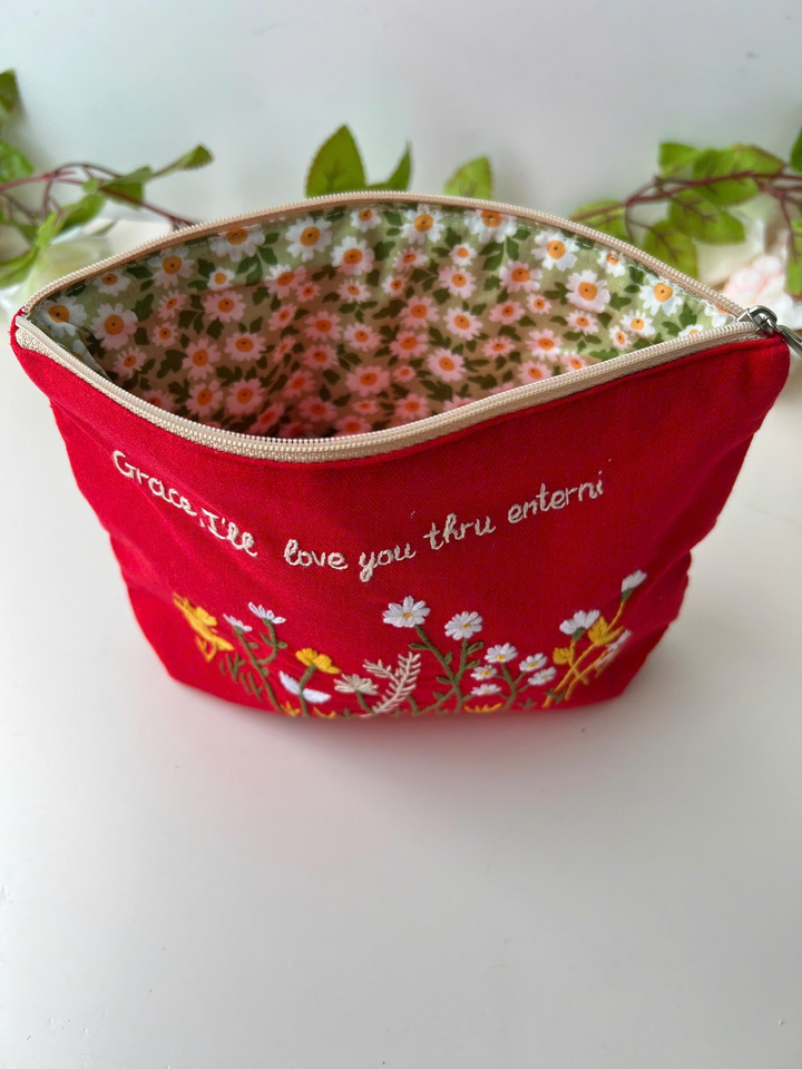 Personalized Hand Embroidered Linen Cosmetic Bag