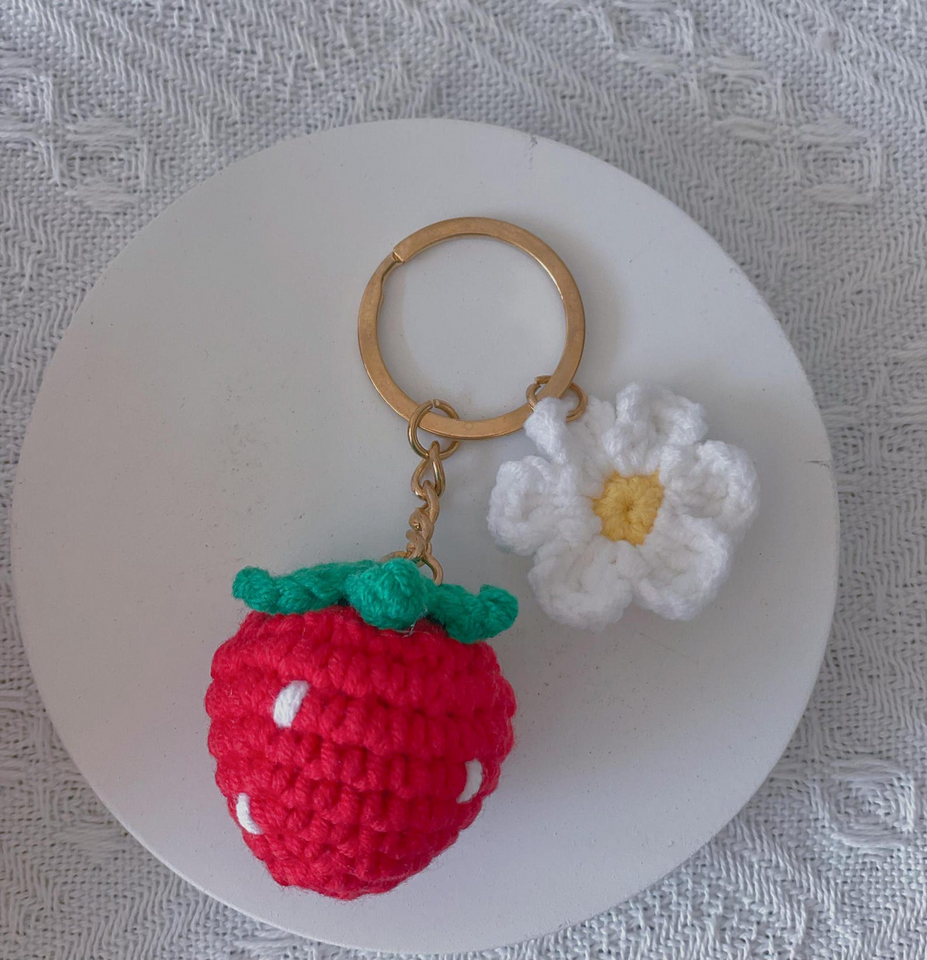 Crochet Strawberry and Cherry Flower Keychain Handmade Gift