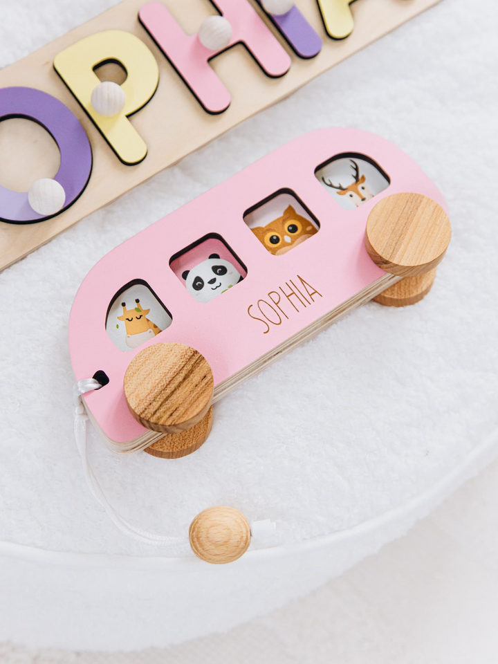 Personalized Wooden Bus First Birthday Gift for Baby or Toddler