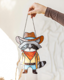 Cowboy Raccoon Stained Glass Suncatcher