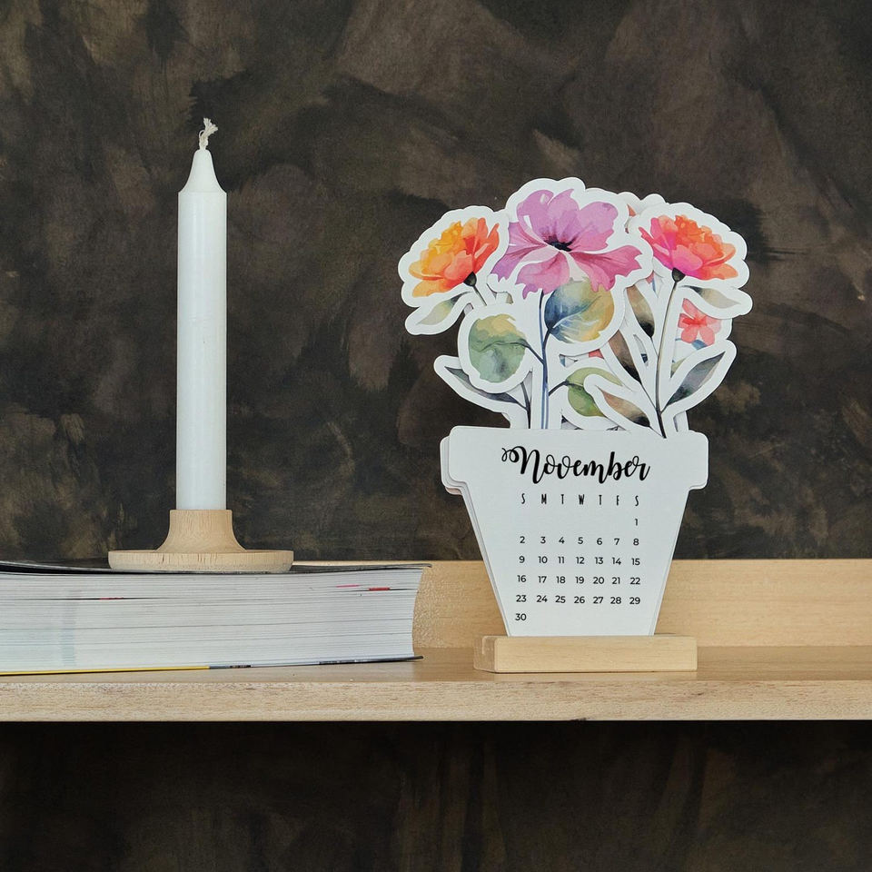 Floral 2026 Desk Calendar with Wooden Stand