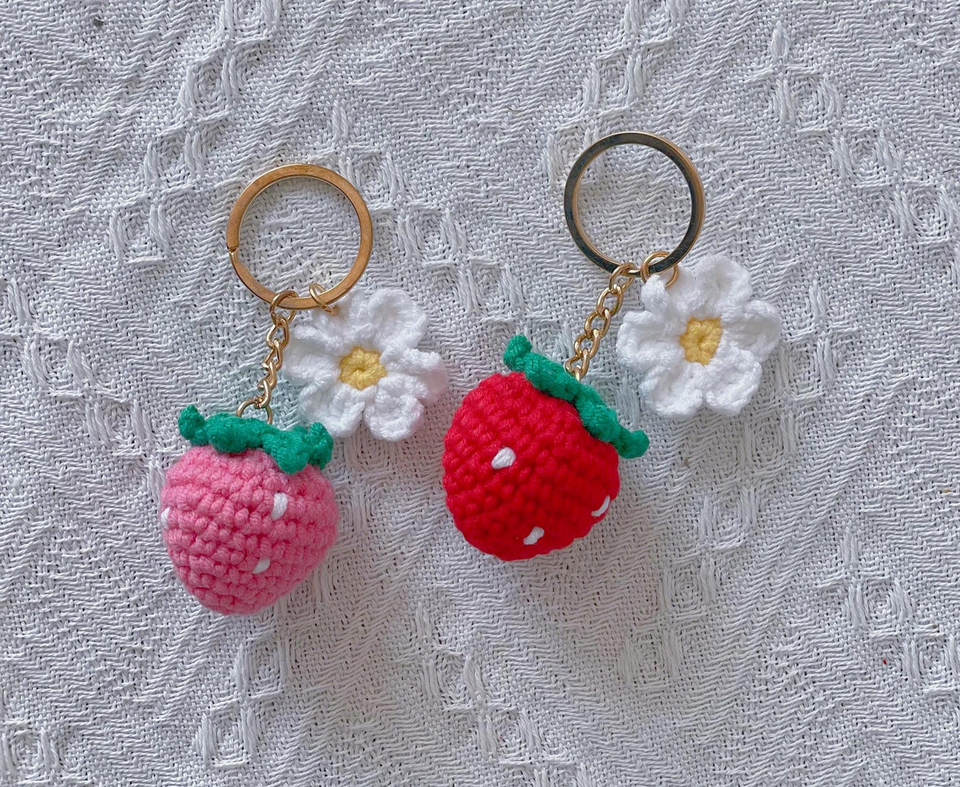 Crochet Strawberry and Cherry Flower Keychain Handmade Gift
