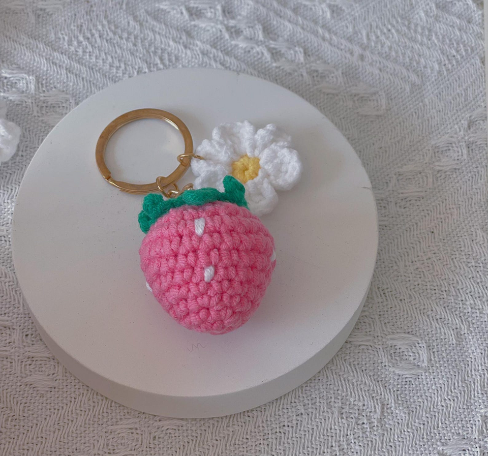 Crochet Strawberry and Cherry Flower Keychain Handmade Gift