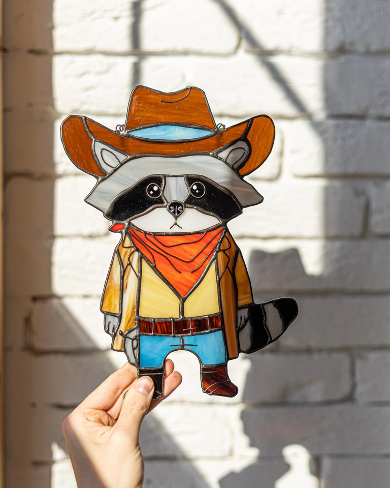 Cowboy Raccoon Stained Glass Suncatcher