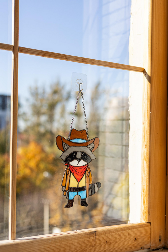 Cowboy Raccoon Stained Glass Suncatcher