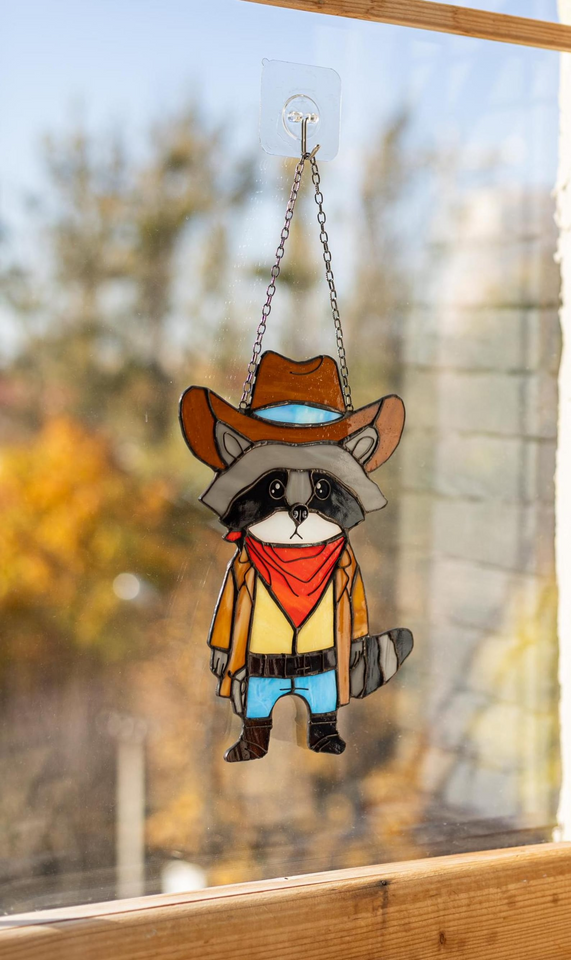 Cowboy Raccoon Stained Glass Suncatcher
