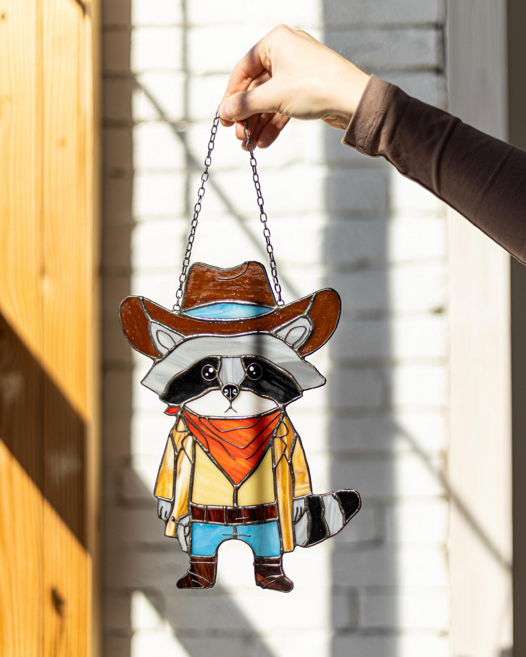 Cowboy Raccoon Stained Glass Suncatcher