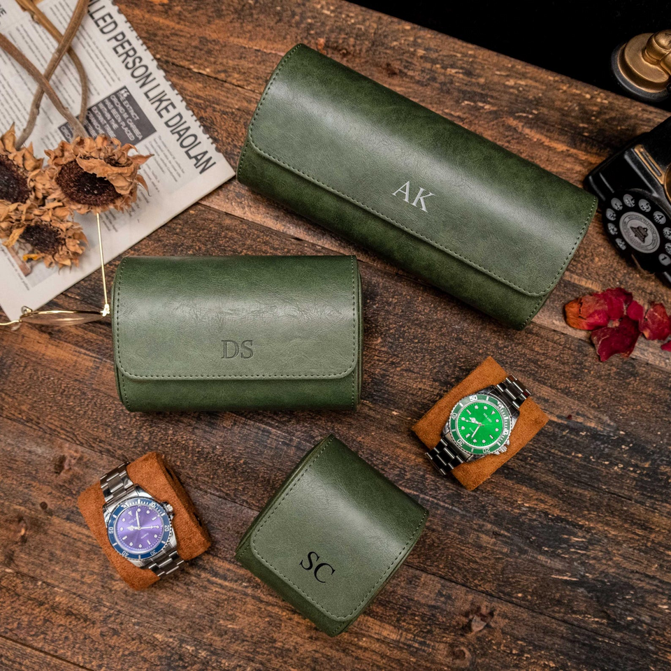 Personalized Green Leather Watch Box & Travel Roll