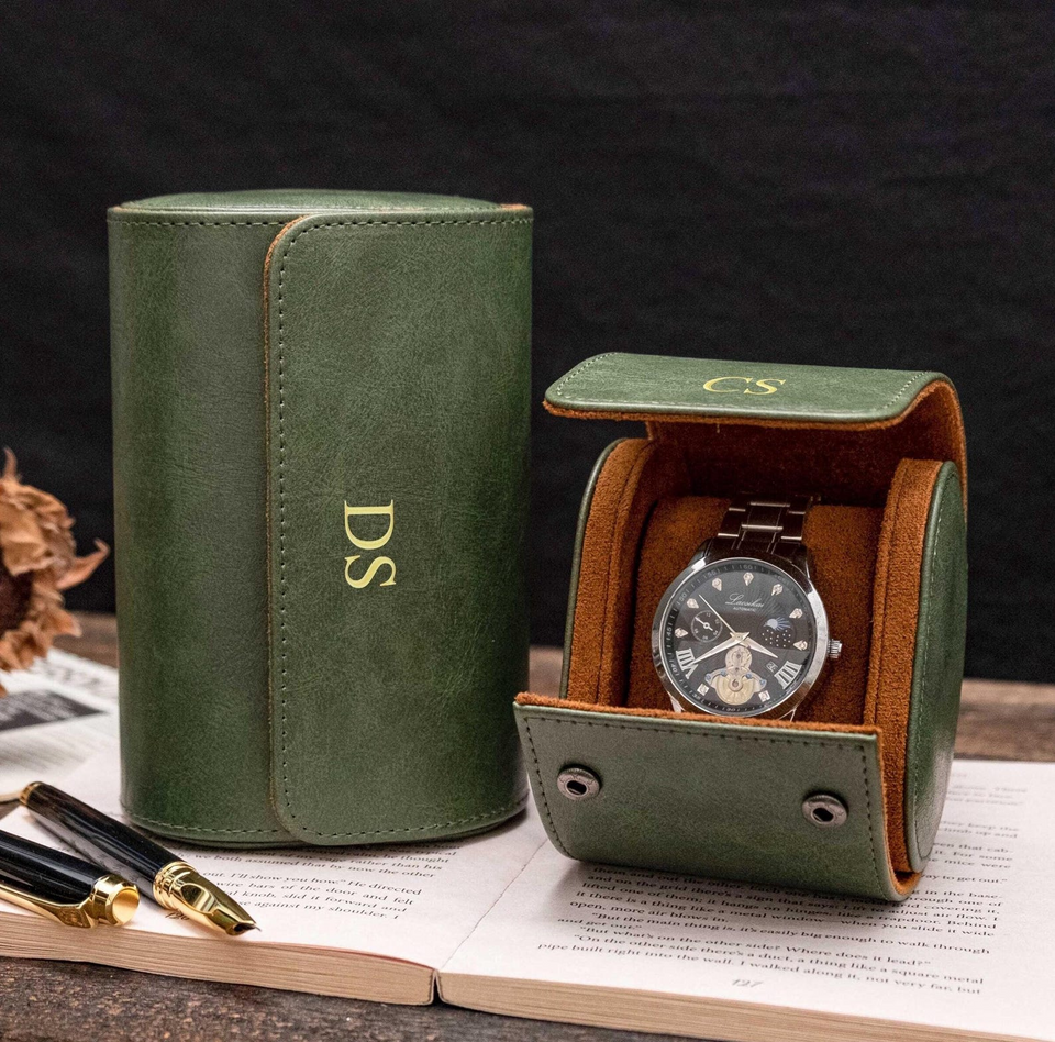 Personalized Green Leather Watch Box & Travel Roll