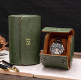 Personalized Green Leather Watch Box & Travel Roll