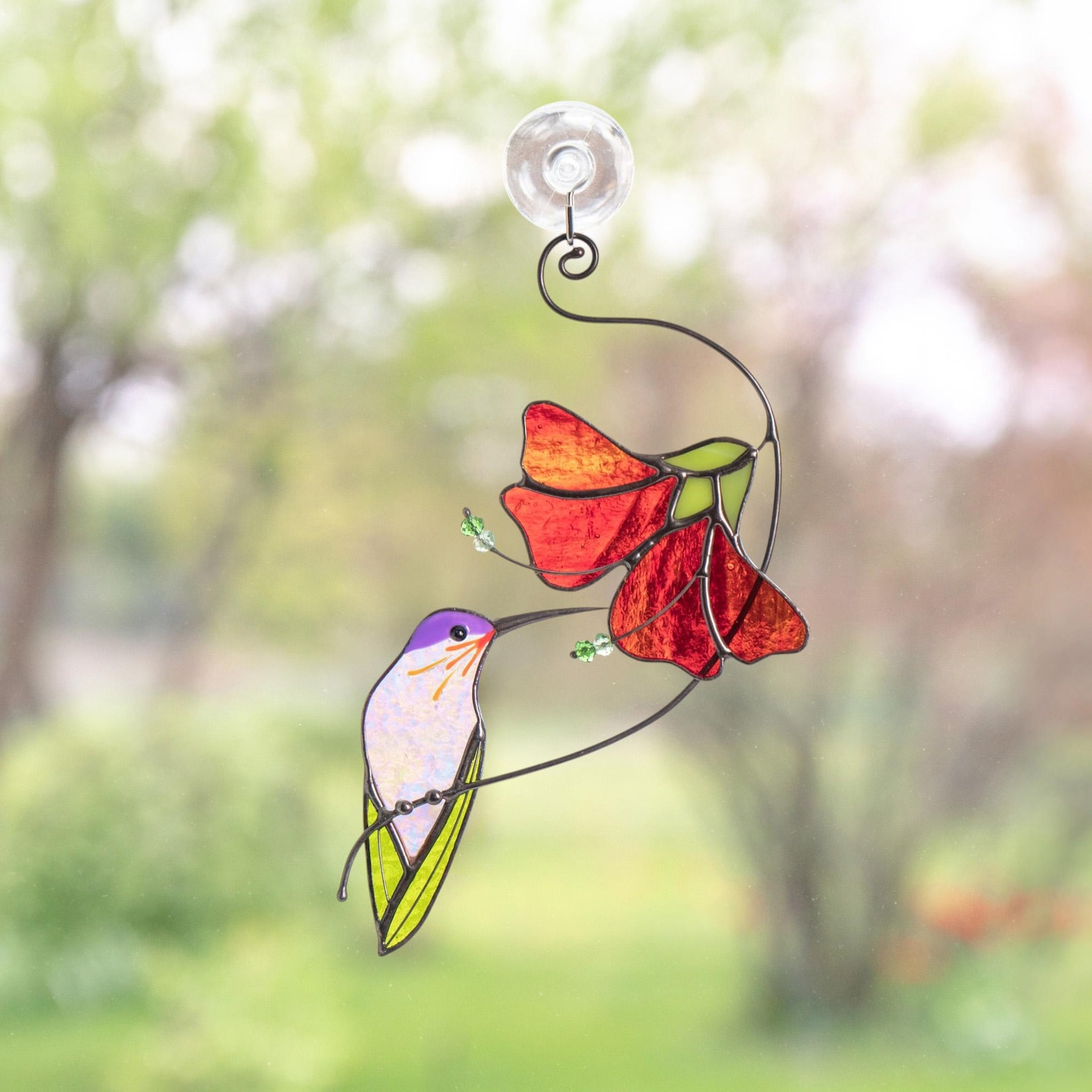 Hummingbird Stained Glass Suncatcher Flower Window Decor