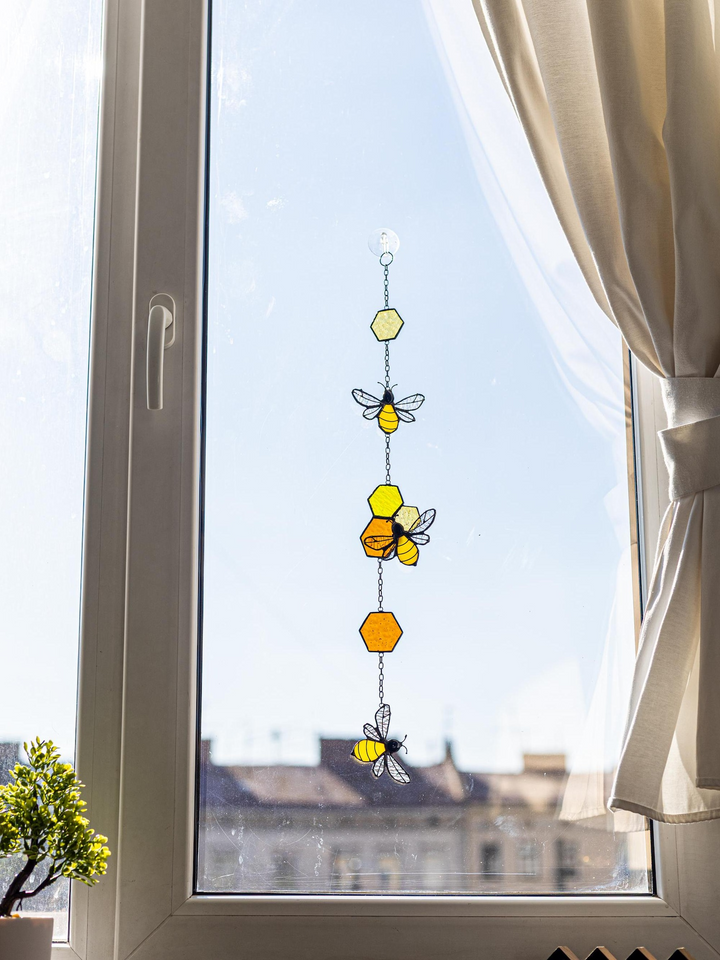 Dream Honeycomb Stained Glass Suncatcher Bee Decor