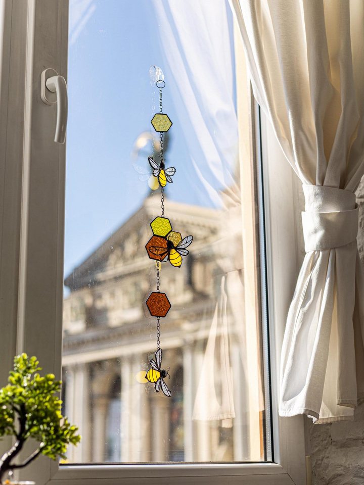 Dream Honeycomb Stained Glass Suncatcher Bee Decor