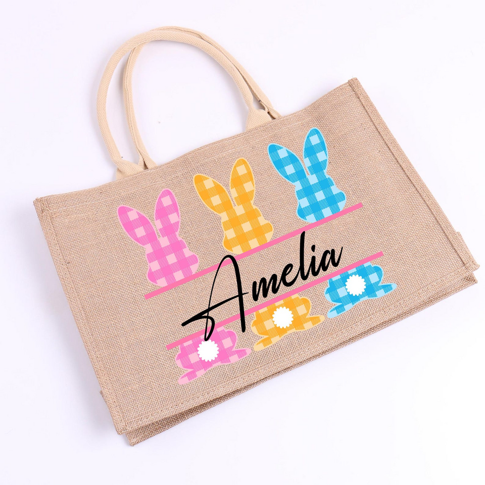Personalized Bunny Jute Tote Bag Custom Easter Gift