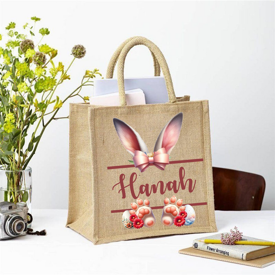 Personalized Bunny Jute Tote Bag Custom Easter Gift