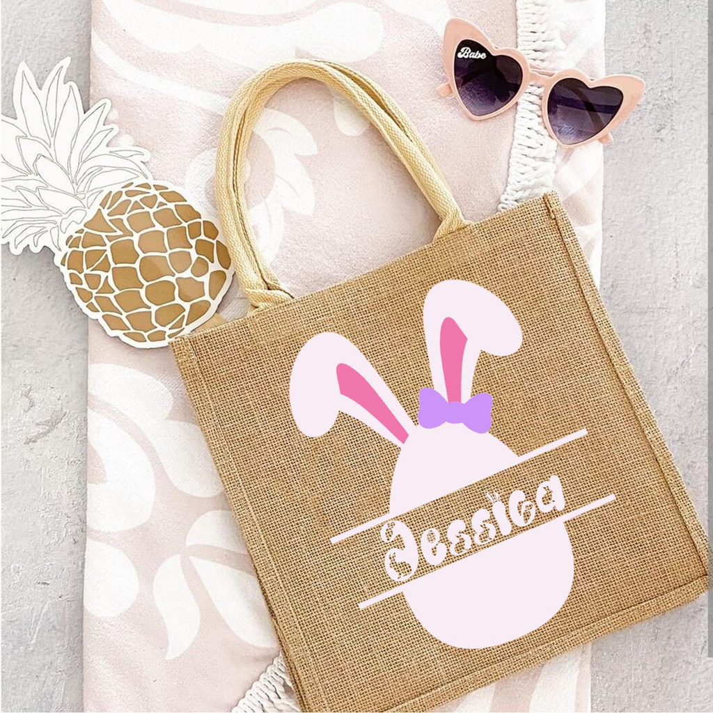 Personalized Bunny Jute Tote Bag Custom Easter Gift