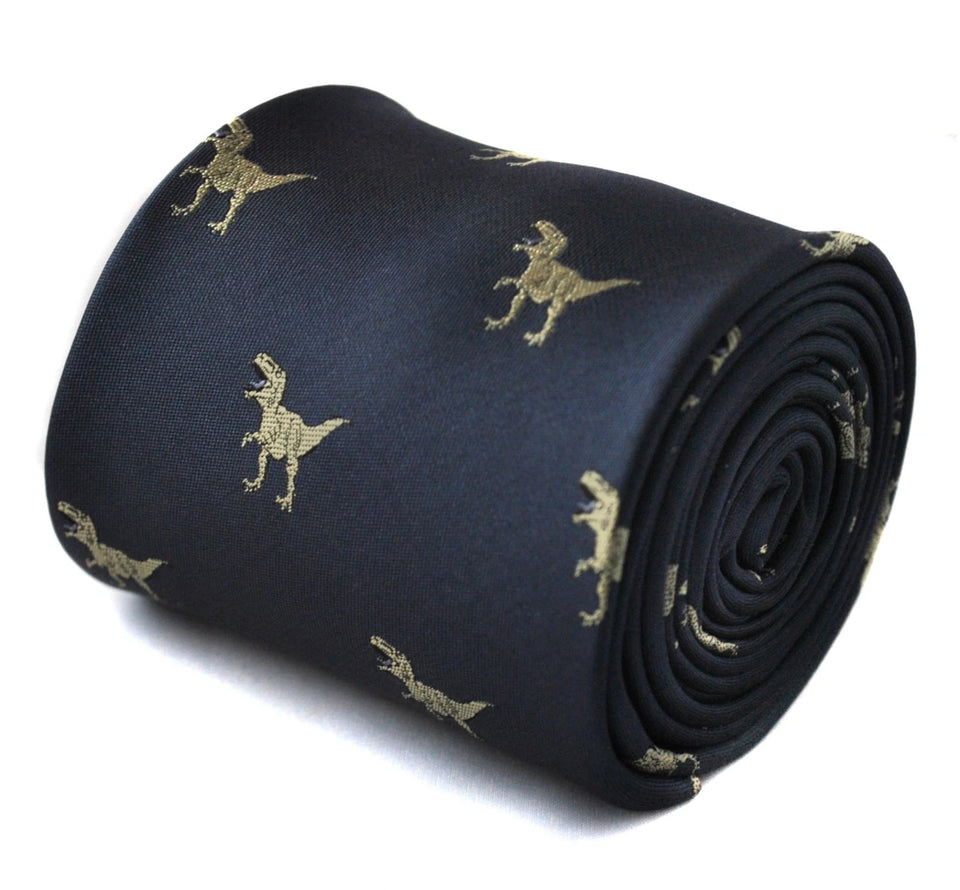 Navy blue tie embroidered with T-rex dinosaur