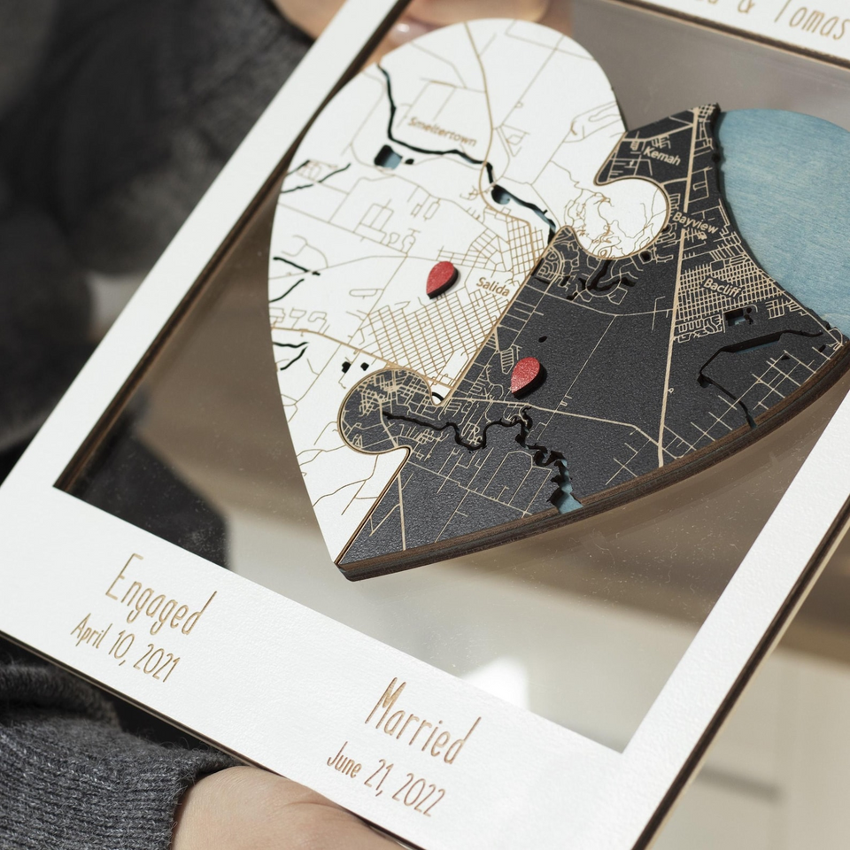 Personalized Heart Puzzle Map Wall Art for Newlyweds