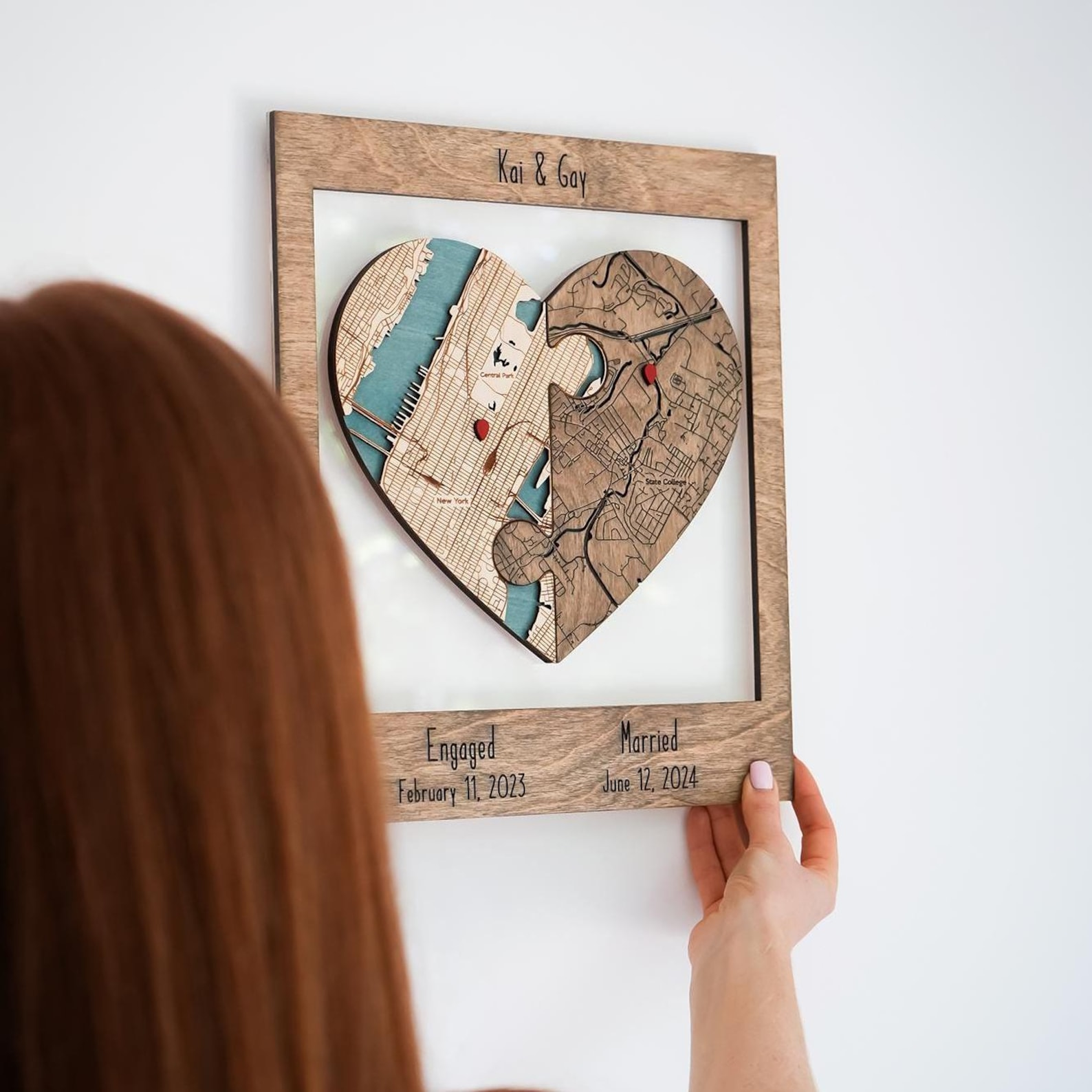 Personalized Heart Puzzle Map Wall Art for Newlyweds