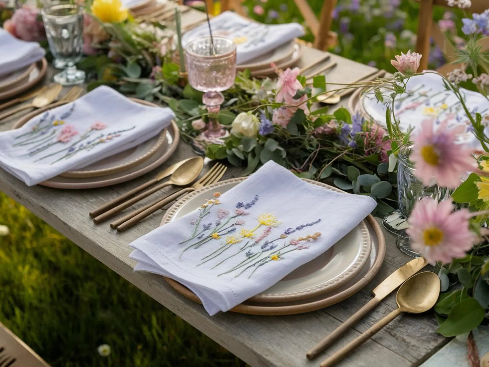 Embroidered Linen Napkins Wildflower Bouquet Design Set