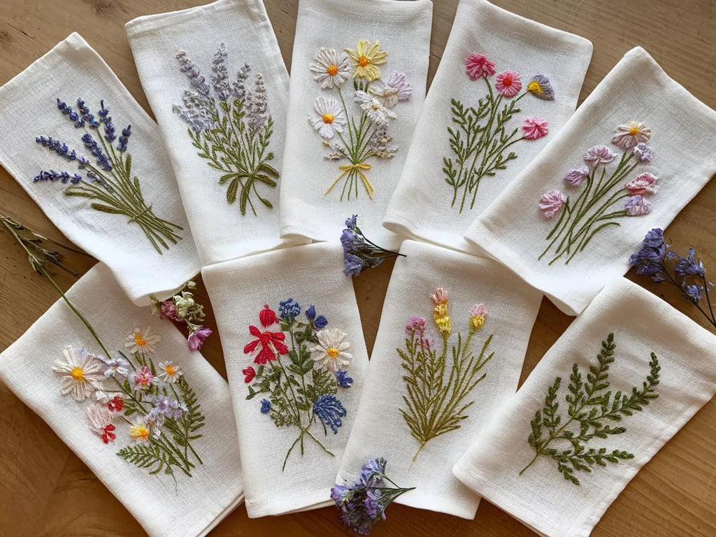 Embroidered Linen Napkins Wildflower Bouquet Design Set