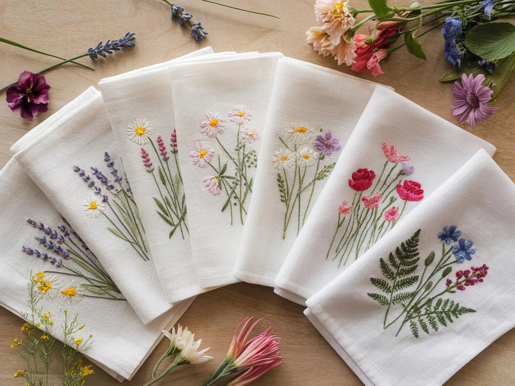 Embroidered Linen Napkins Wildflower Bouquet Design Set