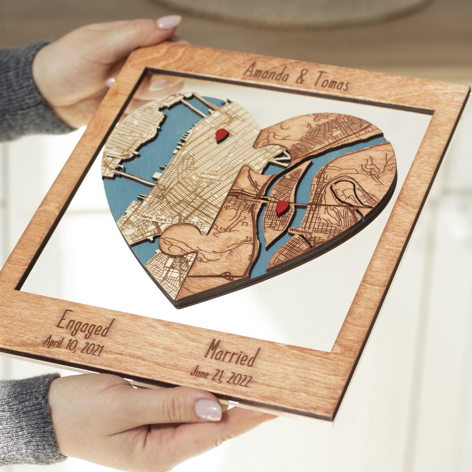 Personalized Heart Puzzle Map Wall Art for Newlyweds