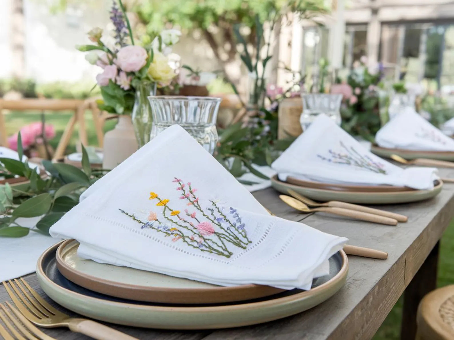 Embroidered Linen Napkins Wildflower Bouquet Design Set