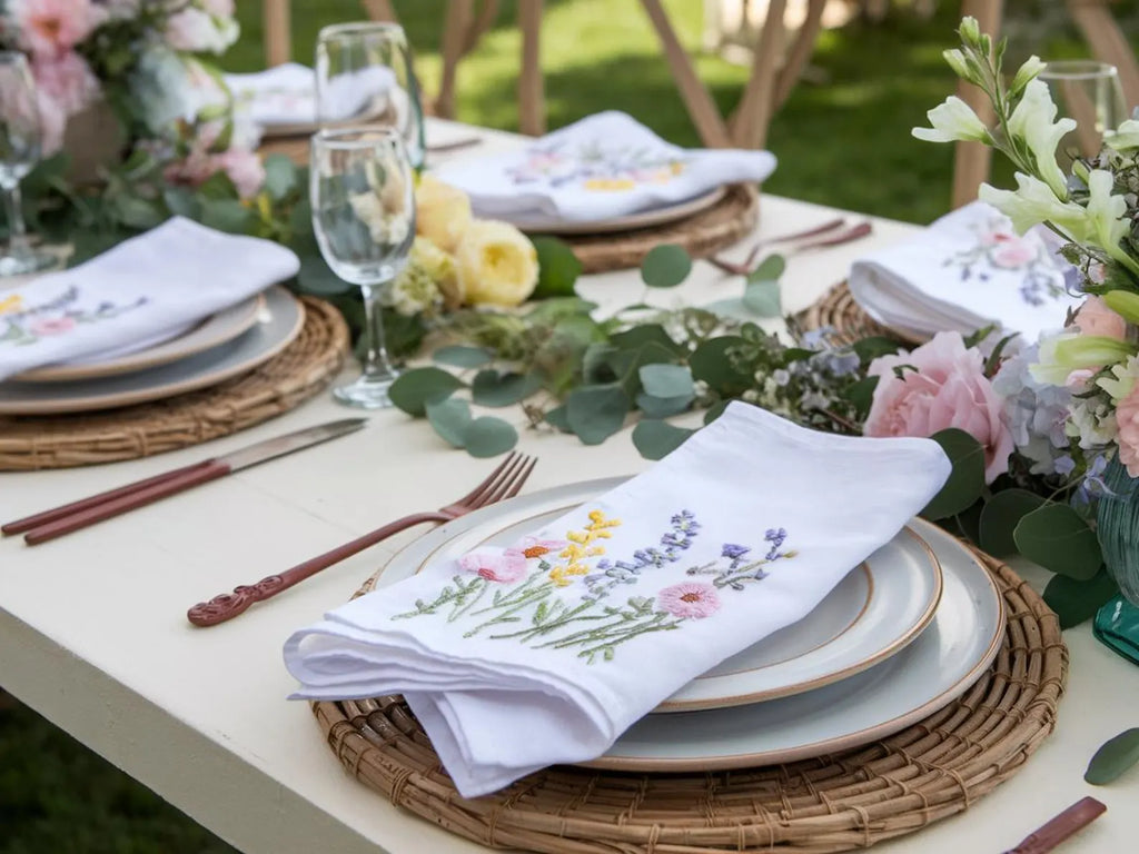 Embroidered Linen Napkins Wildflower Bouquet Design Set