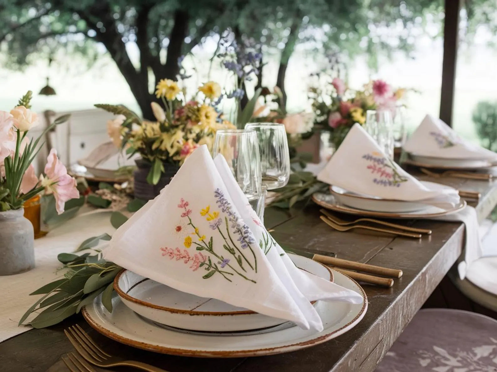 Embroidered Linen Napkins Wildflower Bouquet Design Set